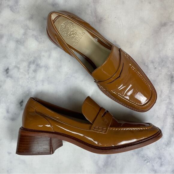 Vince Camuto Eckinti Pecan Patent Leather Block Heel Loafers - Picture 2 of 11